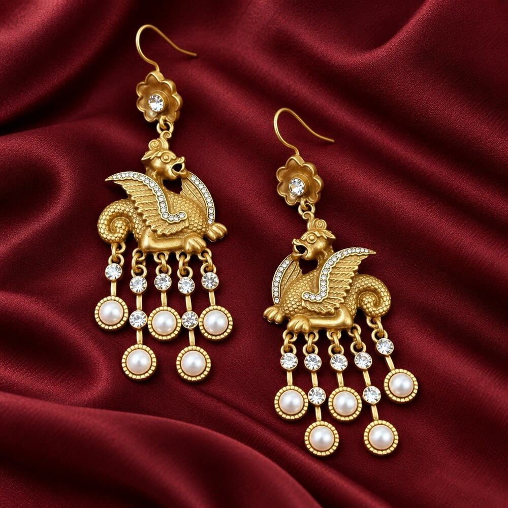 Medieval Dragon Earrings Griffin Flower Antique VTG Gold Pearl Museum Persian CZ